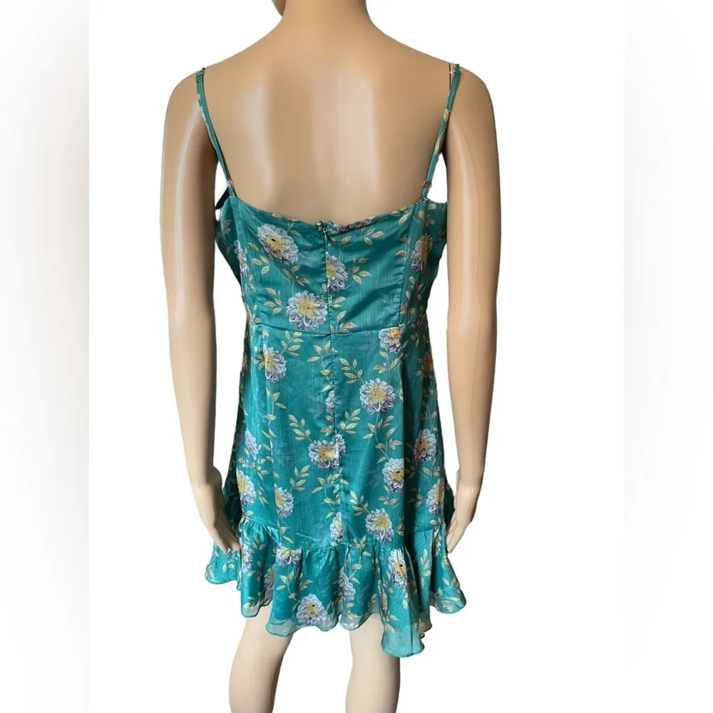 Lena Green Yellow Shimmer Cottagecore Boho Western Floral Layered Mini Dress Size L - Image 6