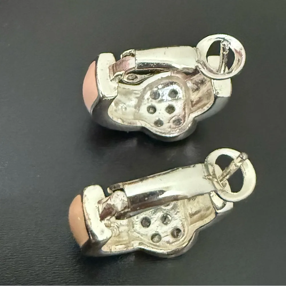 925 Silver Pave Crystal Heart Peach Enameled Small Hoop Huggie Earrings 8g. Pink - Image 6