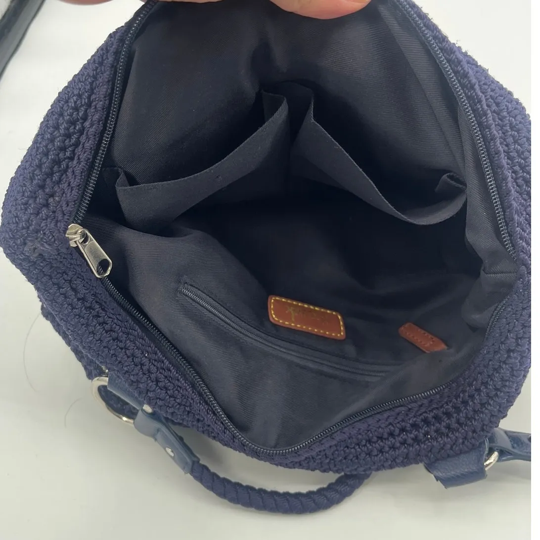The Sak Crochet Navy Tote Bag Double Rope Handle Boho Preppy Gold Lined Purse - Image 10