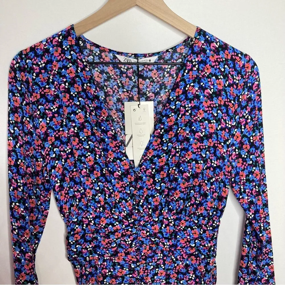 NWT Zara Blue Ditsy Floral Long Sleeve Mini Dress Size XS Ruched Front - Image 4