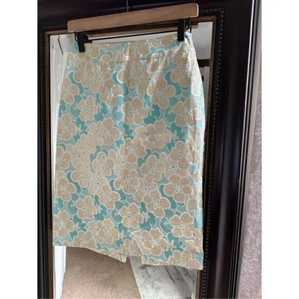 Antonio Melanie Metallic Pencil Skirt Women’s Size 0 Teal Gold Floral‎ Brocade - Image 3