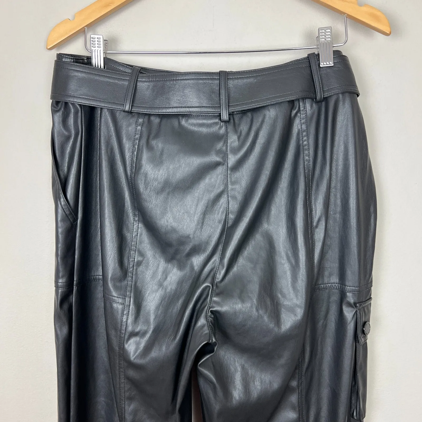 Karl Lagerfeld Faux Leather Cargo Pants Womens 12 Black Belted Straight Leg New‎ - Image 10