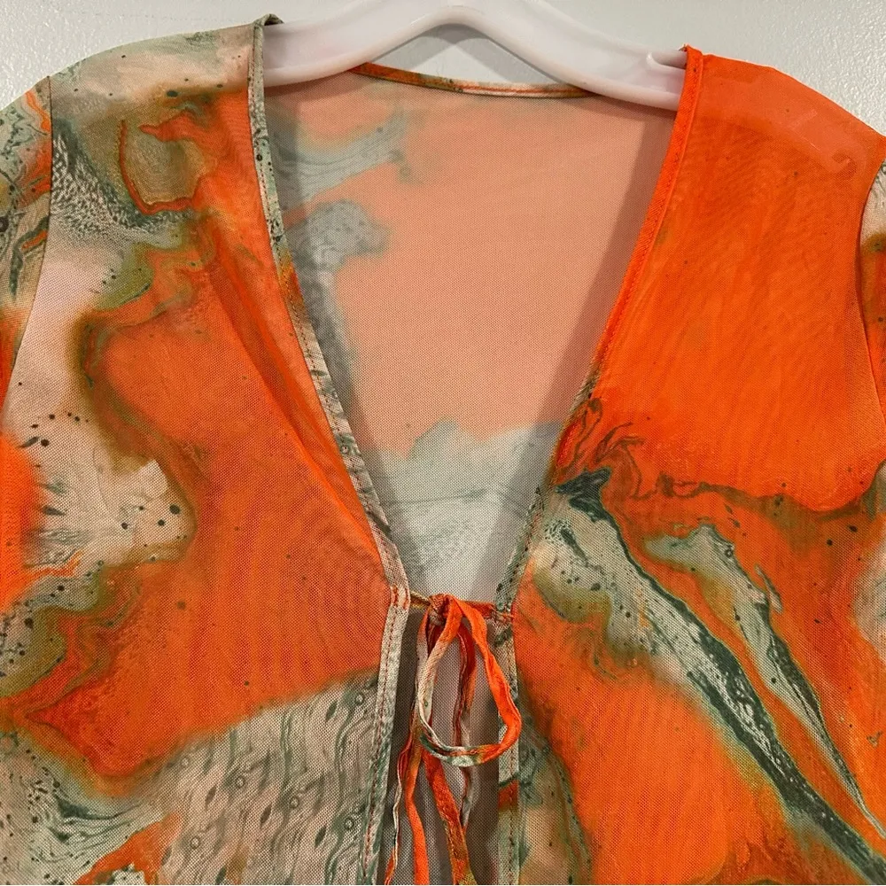 Shein Orange Abstract Bell Sleeve Cardigan OS - Image 2