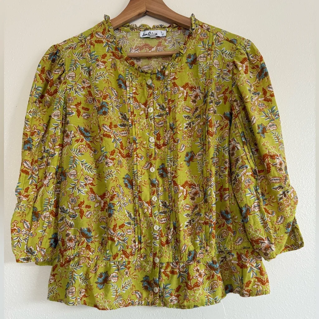 Sam Edelman Large Green Floral Button Up Blouse Elastic Waist Pleated Detail L - Image 2