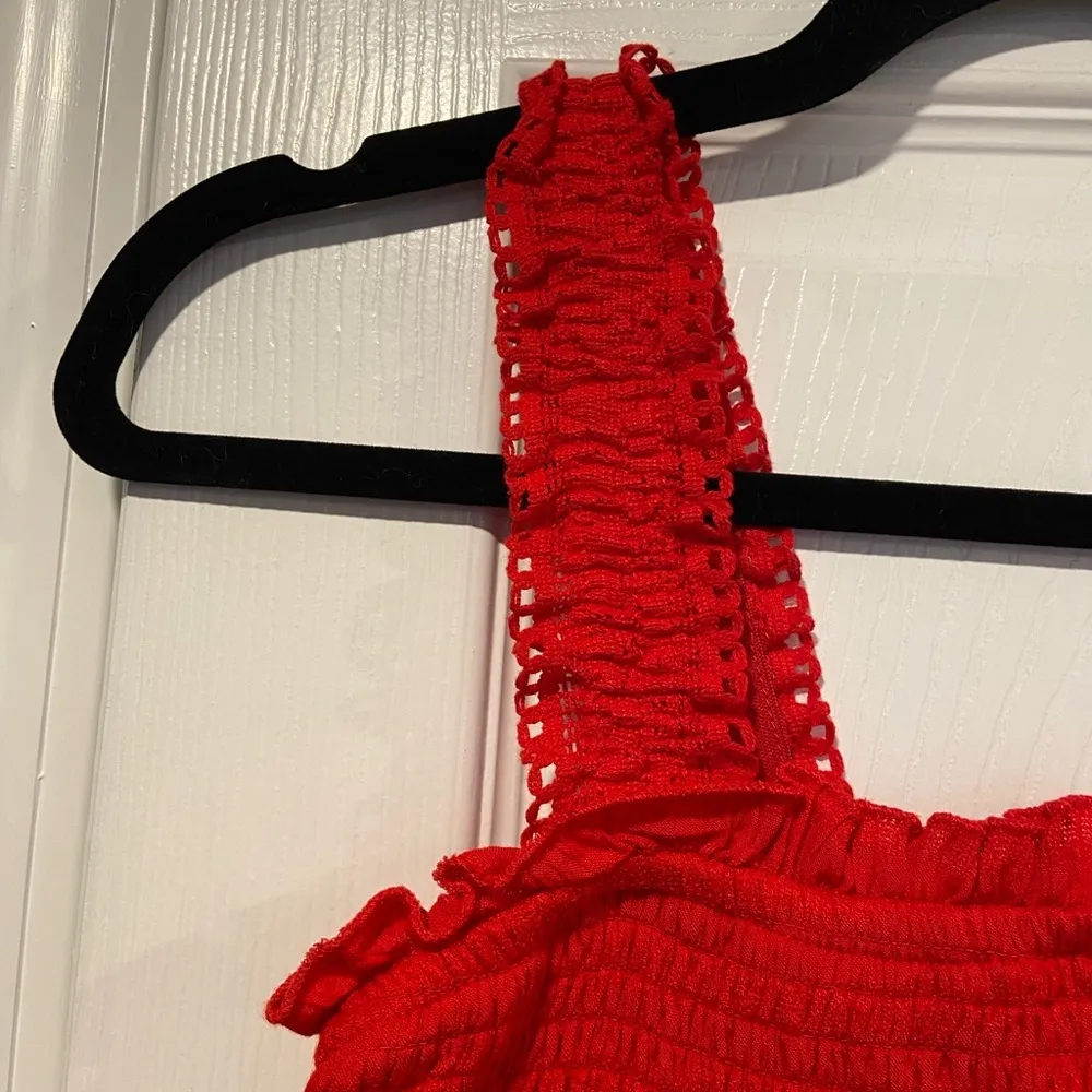 Joppa Size XS Red Stretchy Smocked Ruffle Hem Eyelet Lace Strap Crop Tank Top - Image 3