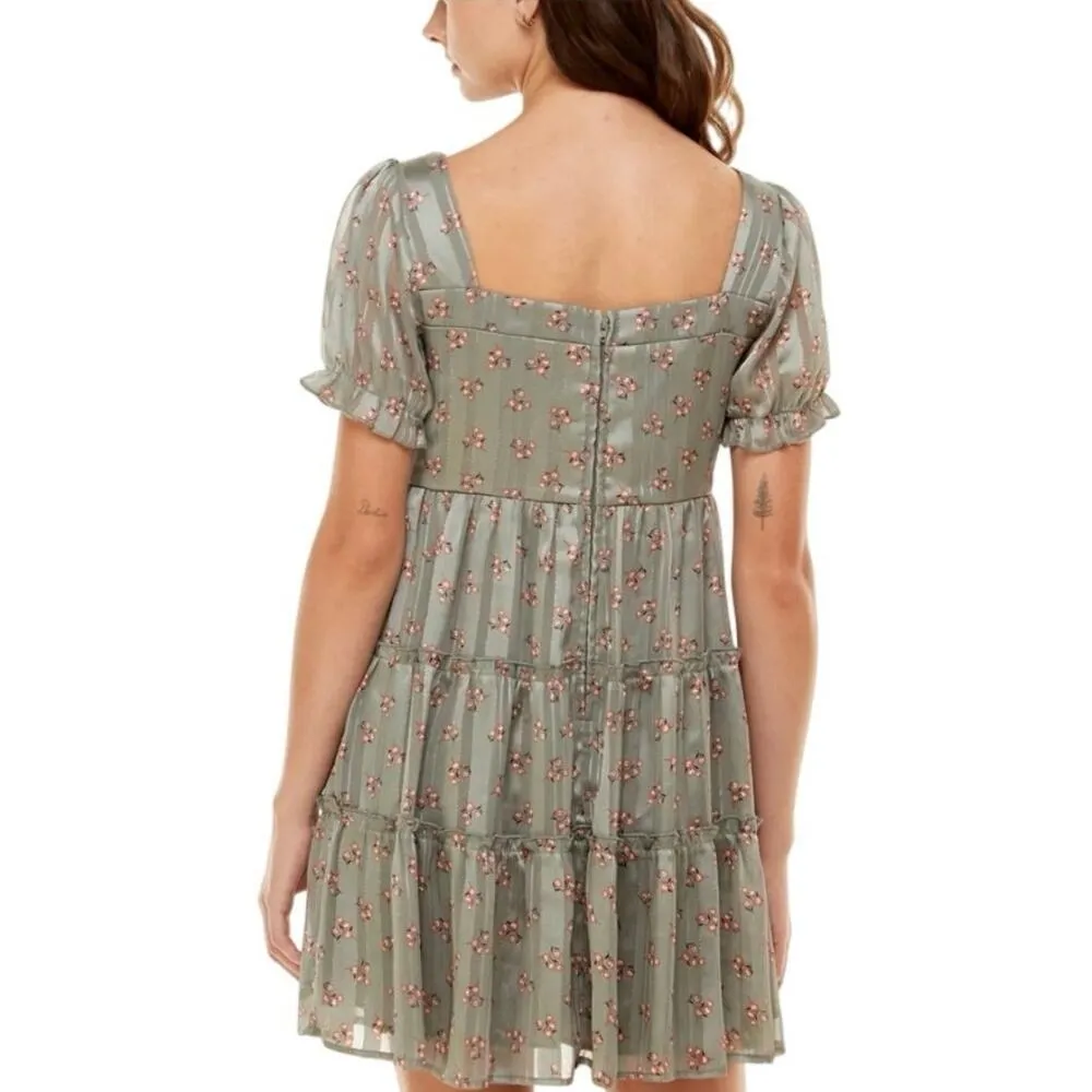 TRIXXI Womens Lined Tiered Pouf Sleeve Square Neck Mini Party Baby Doll Dress S - Image 2