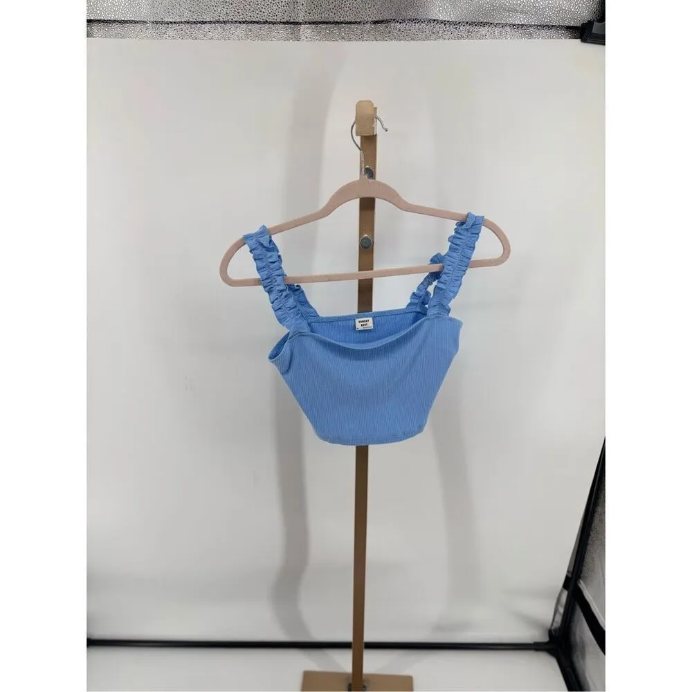 Aritzia Sunday Best Women's Blue Cropped Stretch Ruffle Strap Tank Size Medium - Image 8