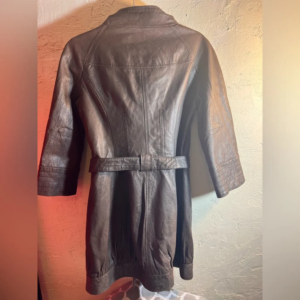 Vero Moda Chocolate Brown Real Leather Coat Pigs Skin belted buttons retro S - Image 5