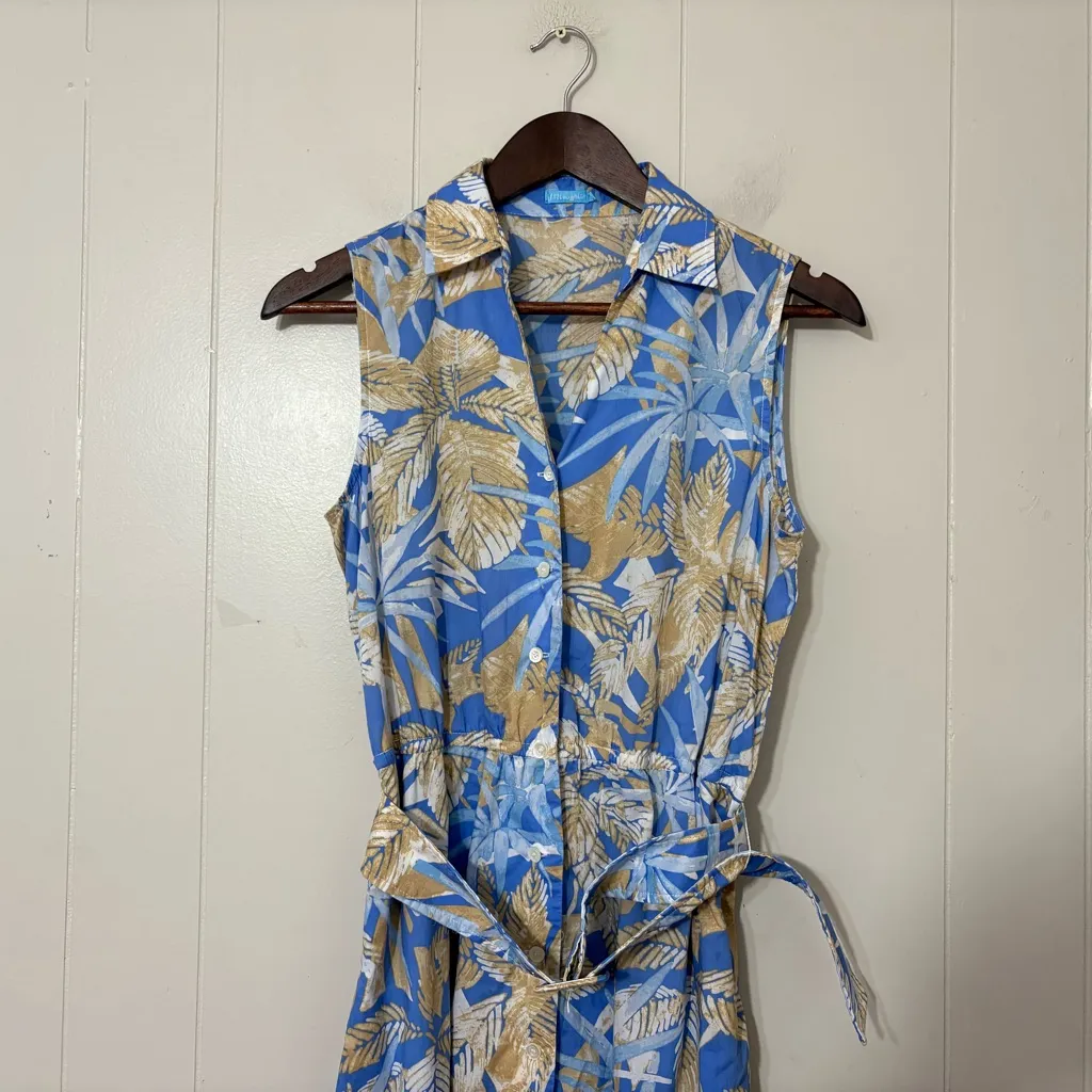 J. McLaughlin Brooks Shirt Dress Blue Palm Print Size S | Sleeveless Tie Waist - Image 4