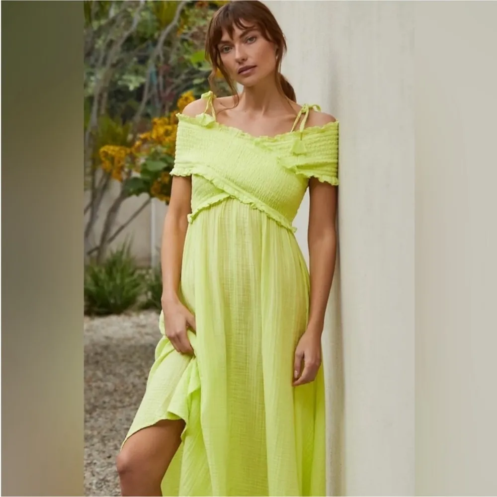 ANTHROPOLOGIE Smocked Gauze Lime Green Ruffled Women's maxi dress - Image 9