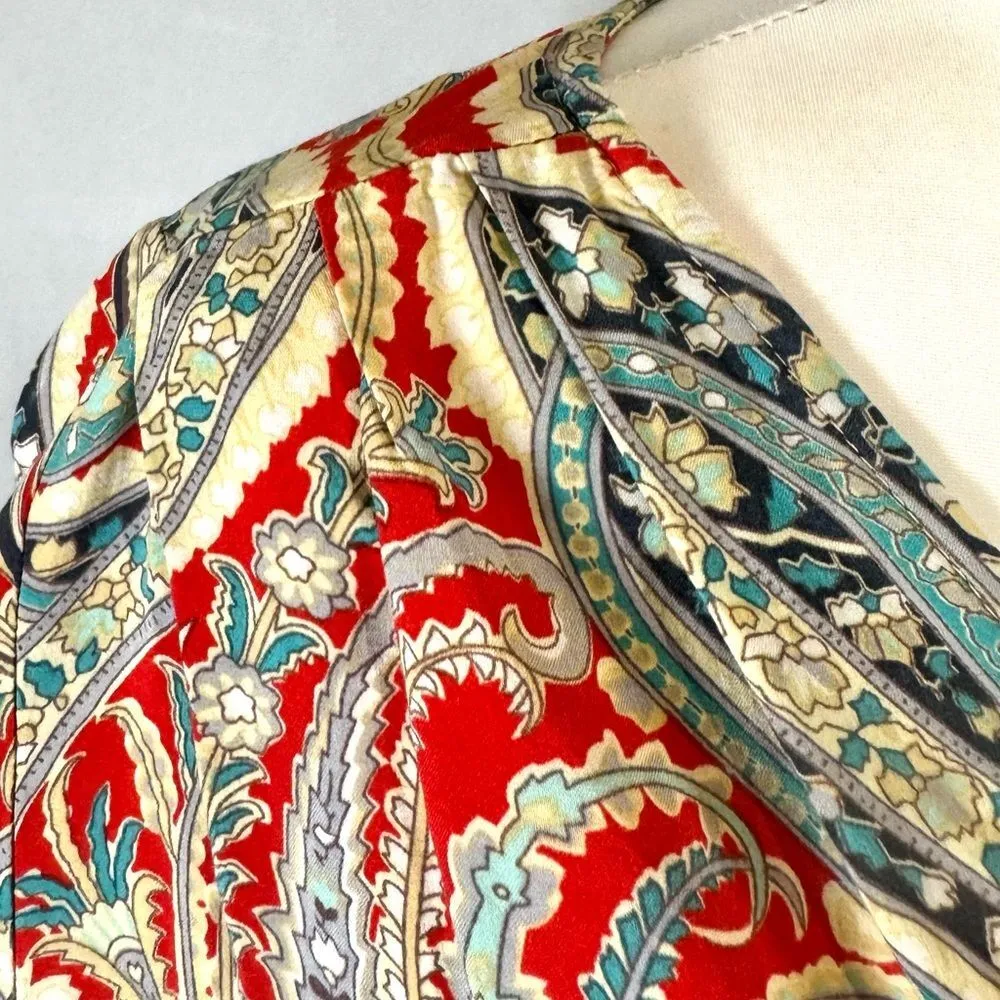 long sleeve orange and aqua paisley print double layer dress size small - Image 4