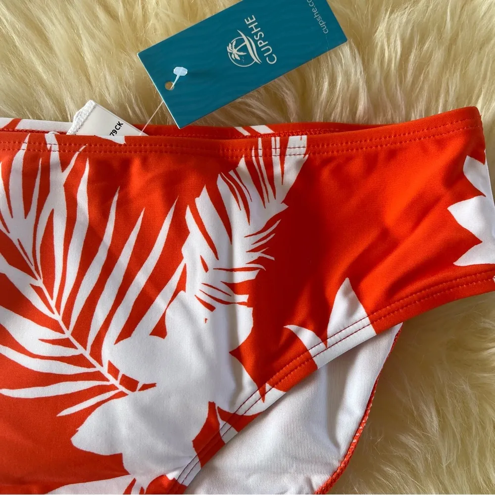 Cupshe Tropical Leaf Print Mid Rise Hipster Bikini Bottom Sz S NWT Orange White - Image 6