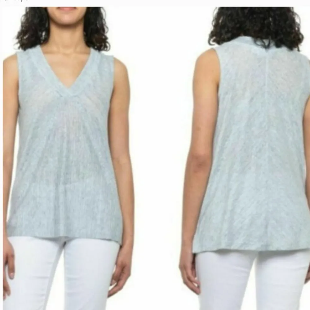 Sigrid Olsen V-Neck Linen Tank Top White Blue Stripes - Image 2