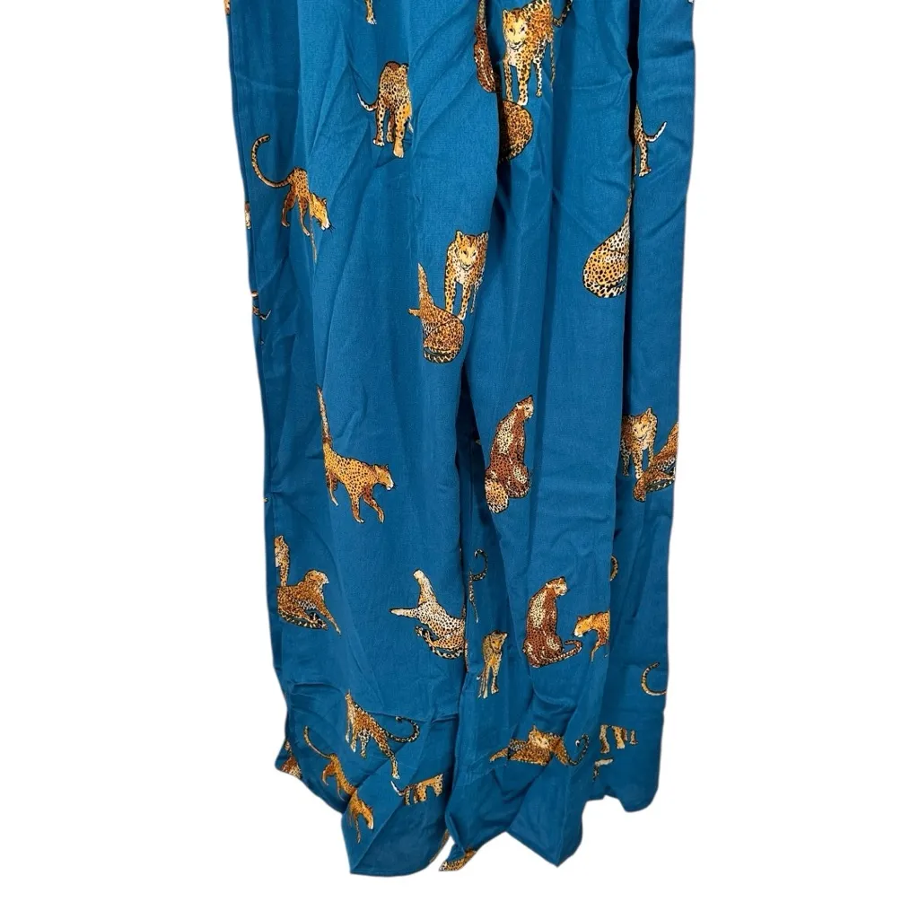 Umgee Teal Cheetah Print Satiny Smocked Waist Jumpsuit size Medium 3/4 Sleeves - Image 9