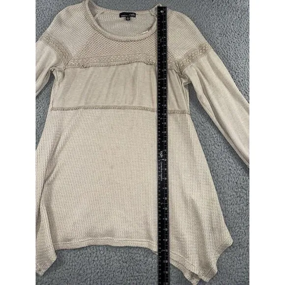 Babydoll Waffle Knit Shirt Women‎ Medium Cottagecore Peasant Fairy Lagenlook Top Tan - Image 5