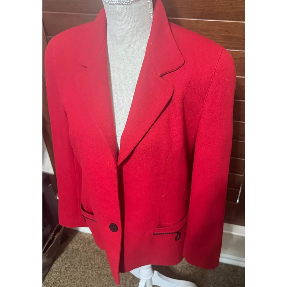 ALAN AUSTIN Vintage Red Blazer Black trim Wool Italy Jacket Career EU 44 US M Size M - Image 2