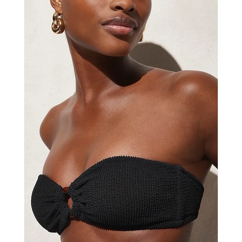 New J.Crew Sz XXL‎ Black Heritage Textured Oh-ring Bandeau Bikini Top W Halter - Image 7