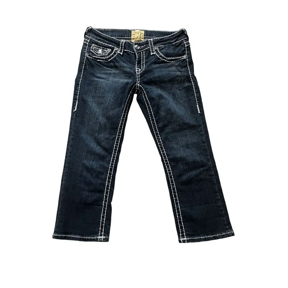 L.A. Idol Rhinestone Flap Pocket Capri Jeans Thick Stitch Size 7 made in USA Blue - Image 4