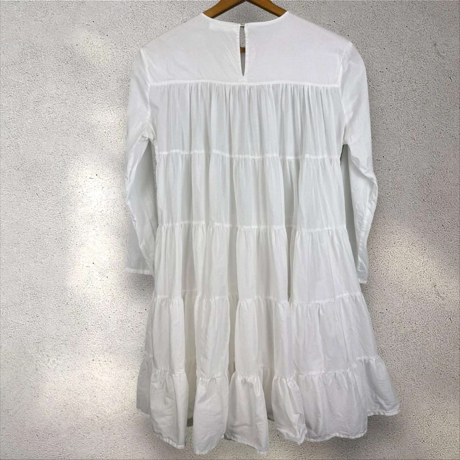 Merlette Soliman Mini Dress White Tiered Trapeze Long Sleeve‎ Cotton Sz S - Image 7