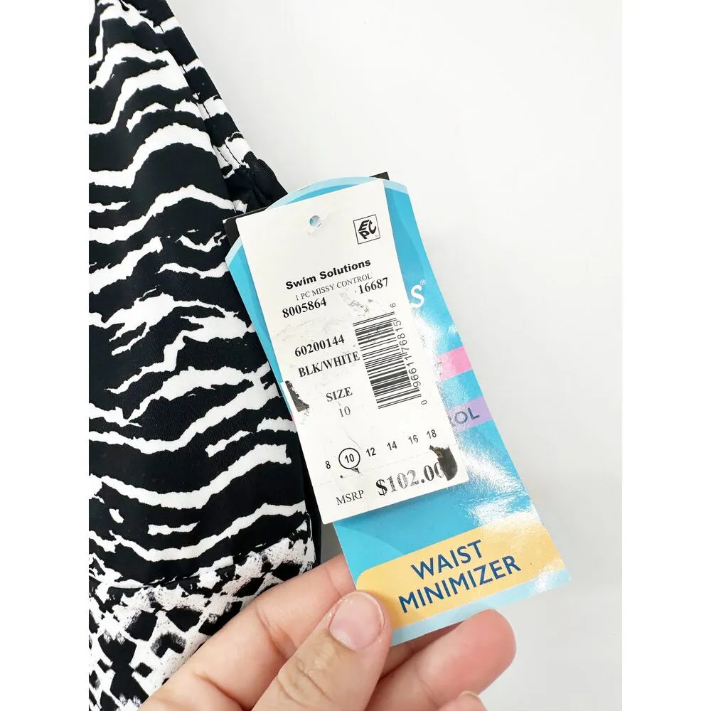 SWIM SOLUTIONS Tummy Control Black White Halter Mesh Insert Swimsuit NWT 10 - Image 7