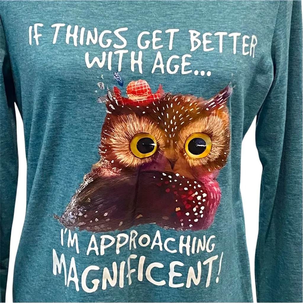 Beautiful Teal Long Sleeve Cute Graphic Owl Tee Size Small - Image 2