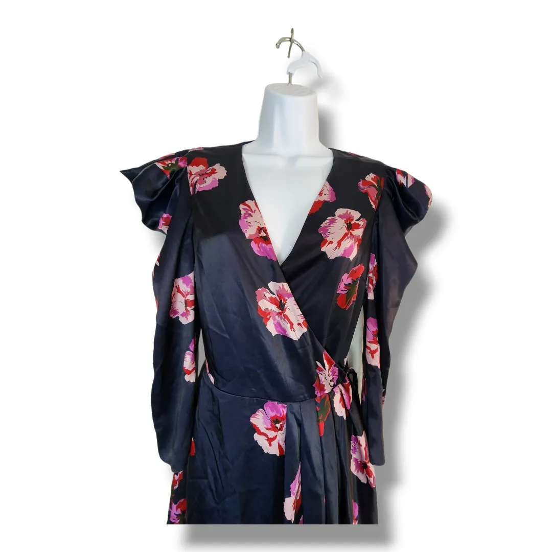 Joie Miltona Navy Floral Satin Wrap Midi Dress Women’s Size Small - Image 5