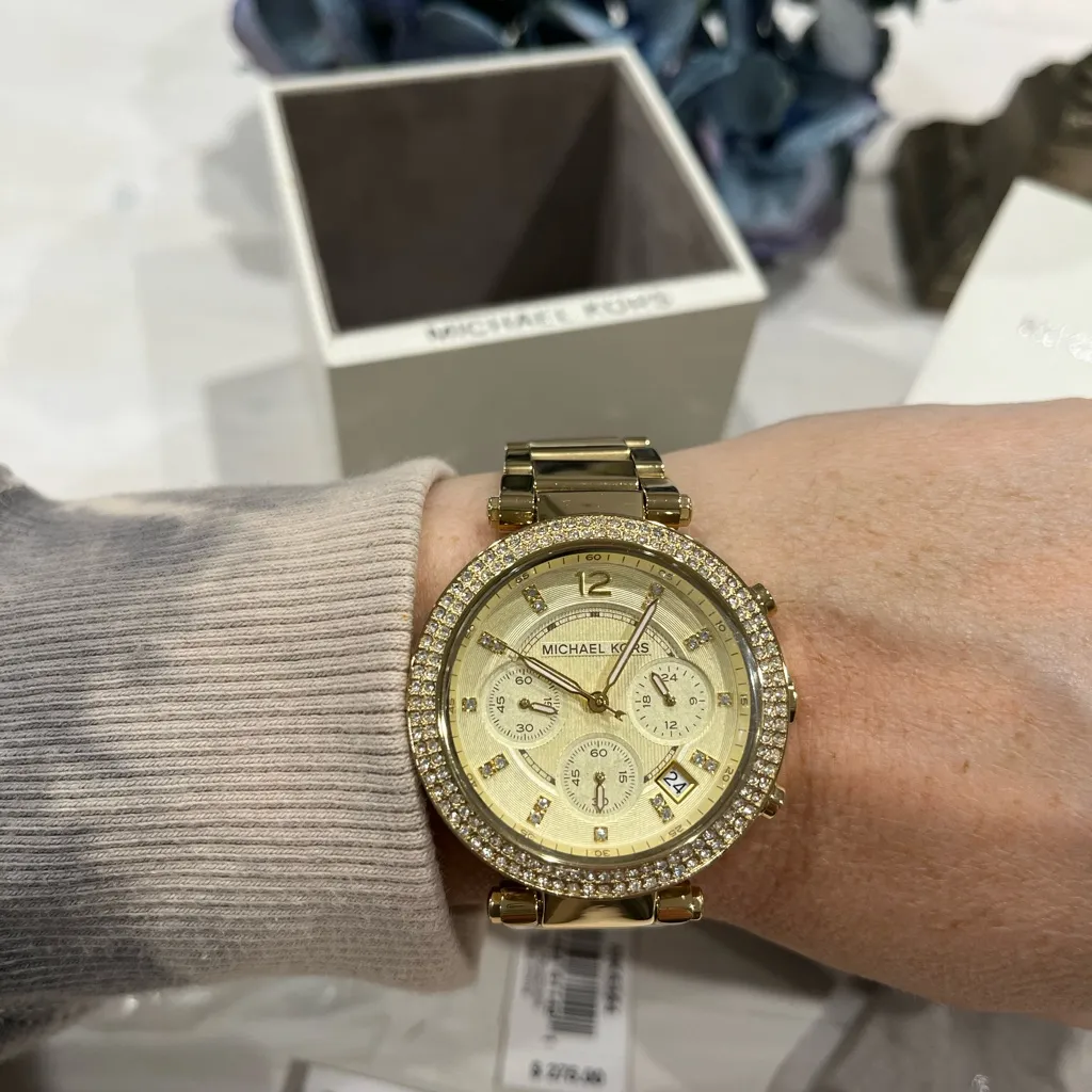 Michael Kors jeweled gold colored watch with‎ box, bag, pillow needs batteries - Image 8