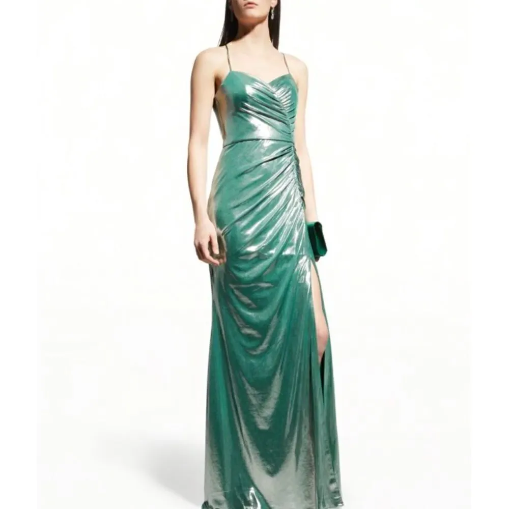 Marchesa Notte Jade Ruched Sleeveless Lame Gown Green Size 10 - Image 3