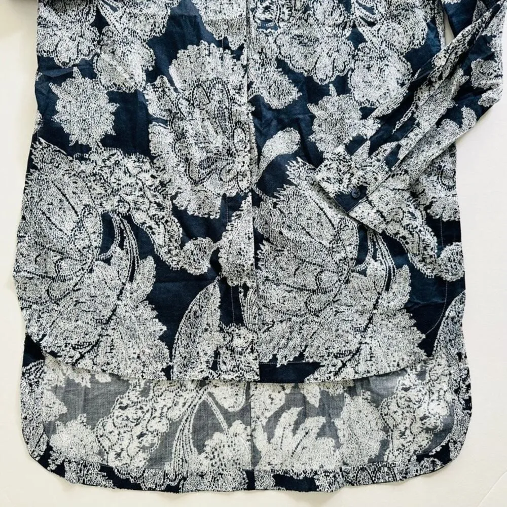 Giorgio Armani Blue Floral Print Tunic Blouse Size 44 XL Long Sleeve Cotton - Image 8