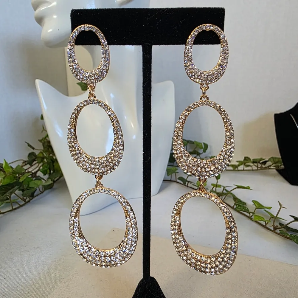 Statement Long Gold Oval Drop Earrings with Rhinestones - Image 2