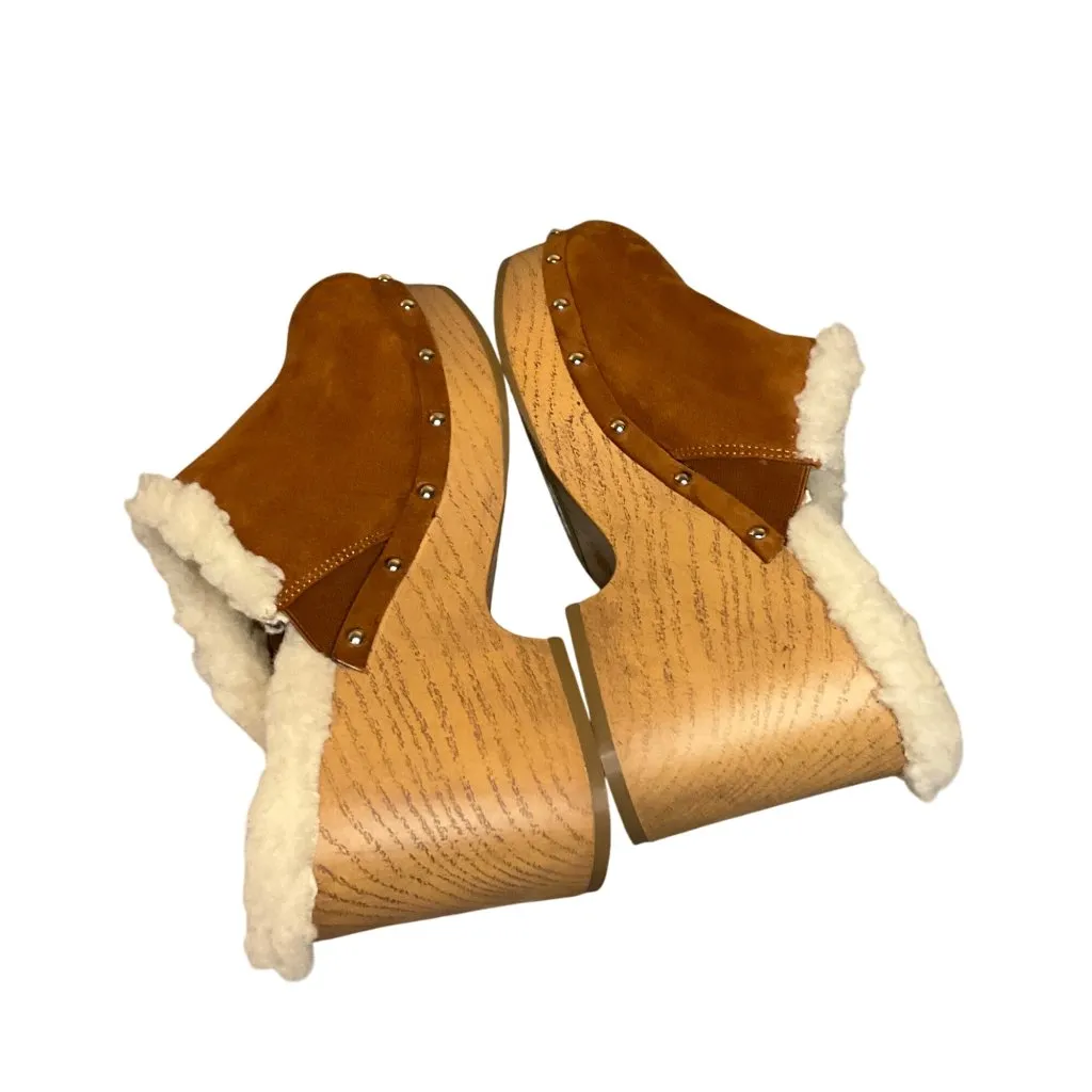 The Drop Tan Faux Shearling Clog Mules Wooden Heels & Metal Stud Accents Size 11 Brown - Image 8