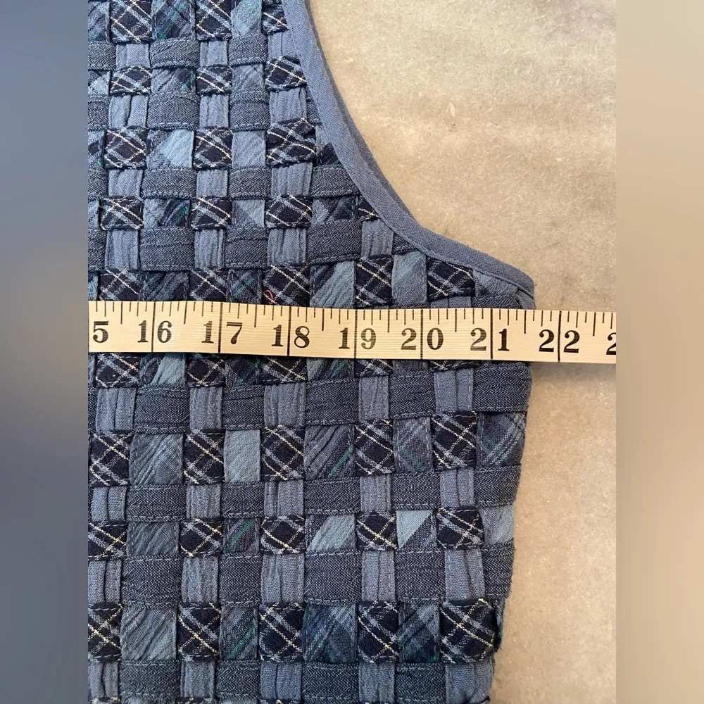 VTG Koret City Blues Size L Patchwork Basket Weave Vest Button Front Tie Back Blue Size L - Image 8