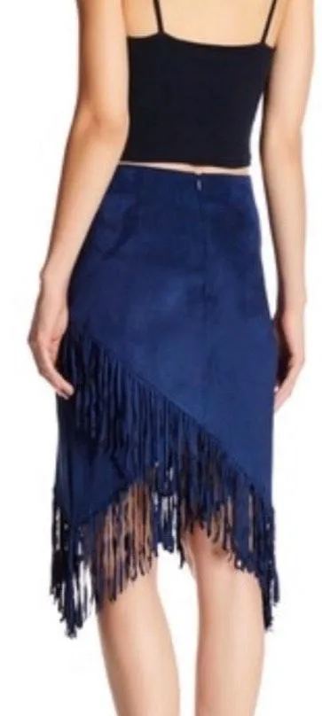 En Creme Suede Blue Navy Fringe Bohemian Skirt - Image 2