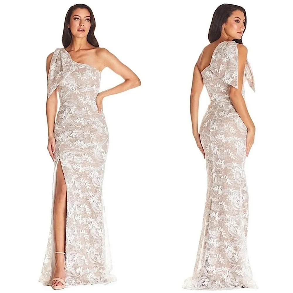 Dress The Population Genevieve Lace Maxi‎ Gown One Shoulder Bow White Medium - Image 2