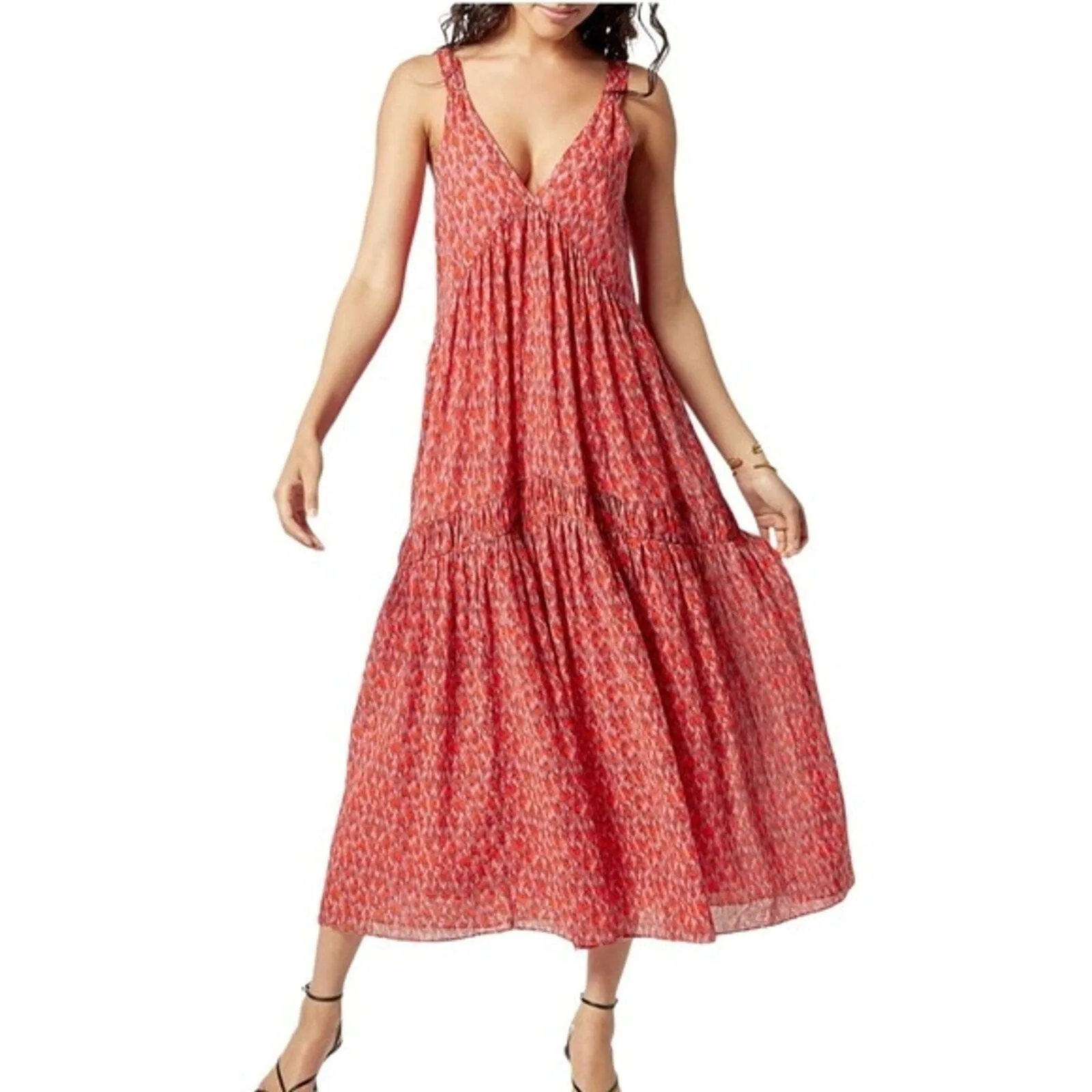 Joie Dress Womens Medium Red Pink Tea Rose Bondi Tier Maxi Sundress Boho Peasant - Image 8