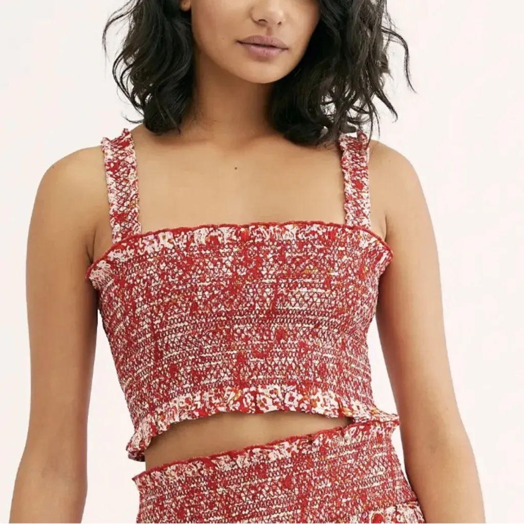 Free People Endless Summer Thalia Smocked Crop Top in Red Ivory Combo size Small - Image 9