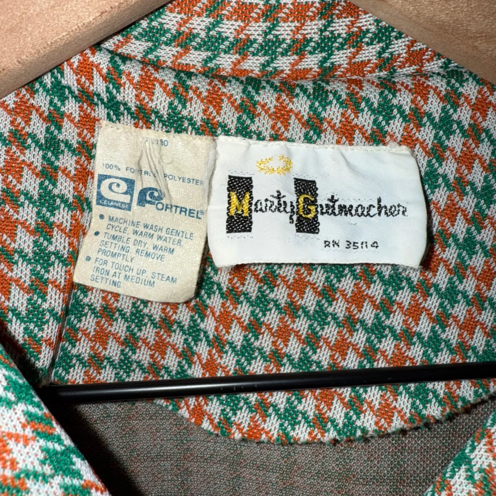 Vintage 70's 2 Pc Houndstooth Marty Gutmacher Pantsuit Orange Green Beige Size L - Image 6