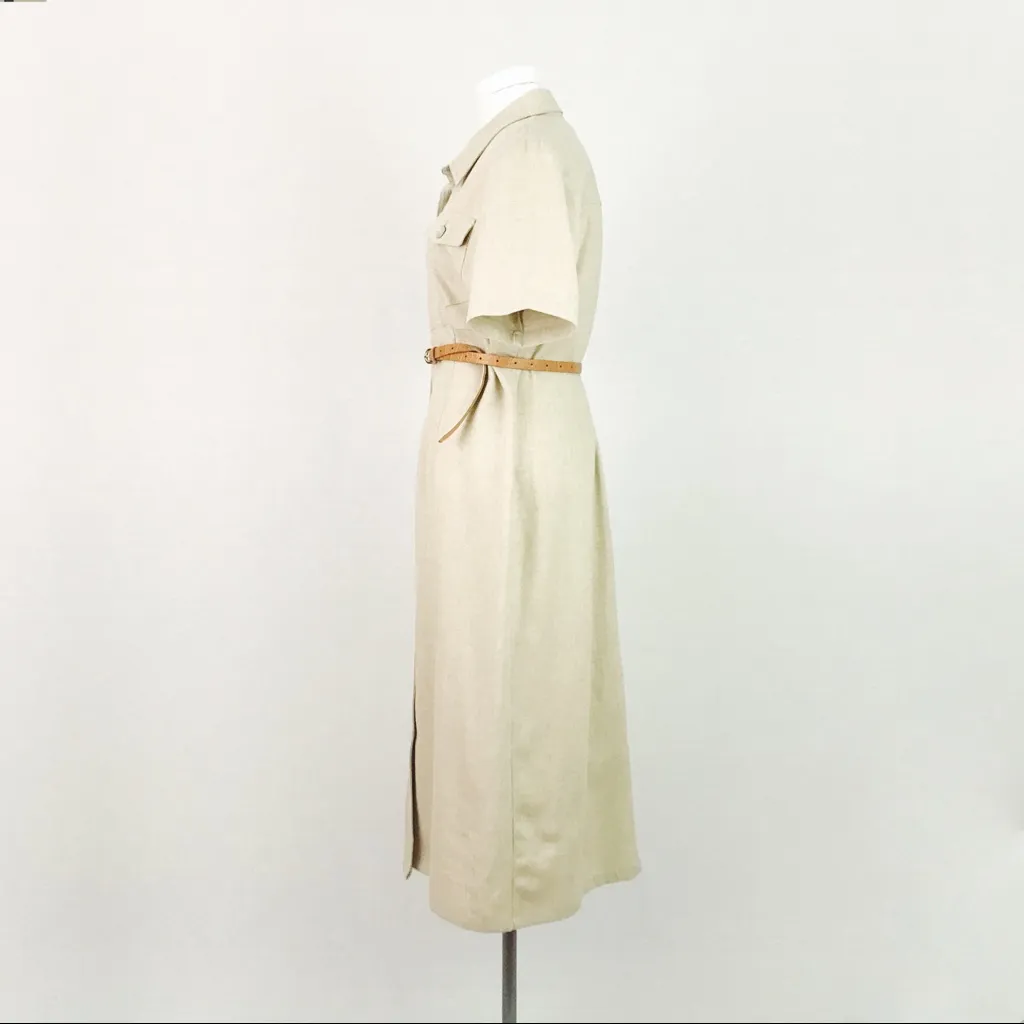 Vintage Button-Front Linen Day Dress in Beige | Size 8 - Image 5