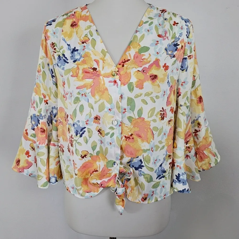 LC Lauren Conrad White & Orange Floral Flare Sleeve Blouse Size Large - Image 2