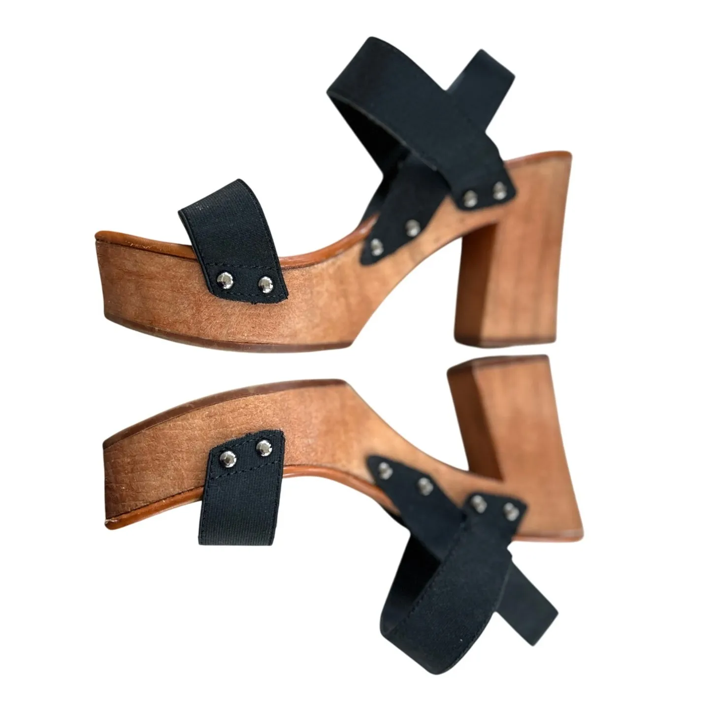 MIA Faux Brown Wood & Black Studded Platform Heeled Sandals - Image 2