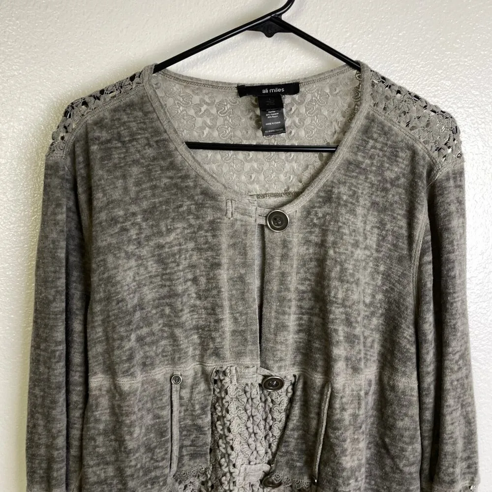 Ali Miles Top Gray Button Up Layered Crochet Shirt Sheer Knit Womens Large - Image 3