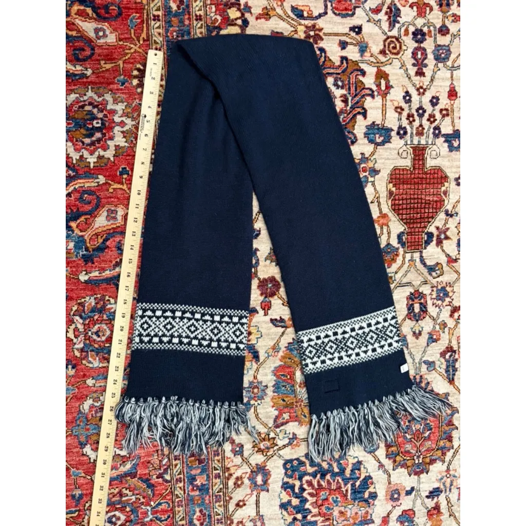 Penfield Navy Knit Fair Isle Nordic Fringe Scarf USA Made Winter Blue - Image 5