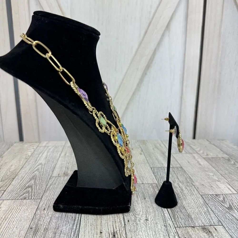 Pastel‎ Gemstone Statement Bib Necklace Earrings Set Gold - Image 5