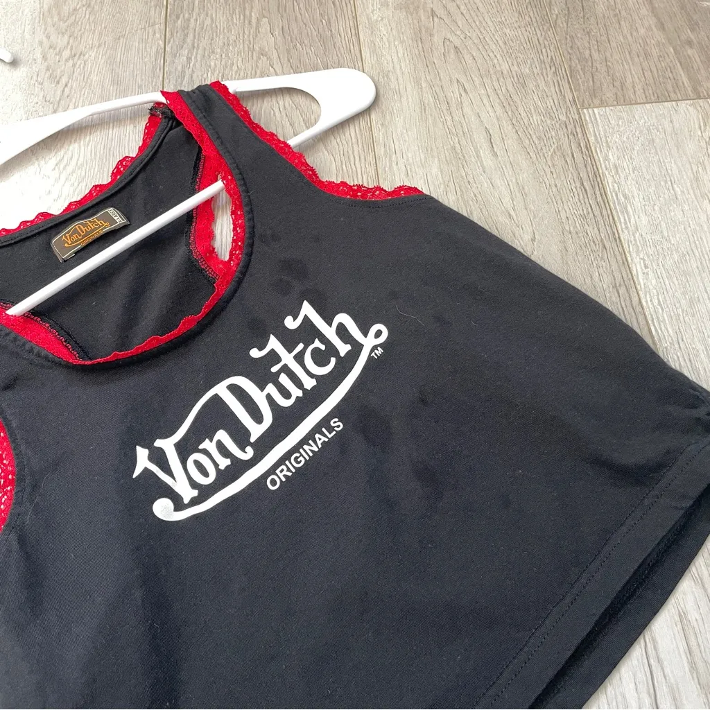 Von Dutch Tank Top cotton lace trim logo crop womens Black (xlarge) y2k casual - Image 5