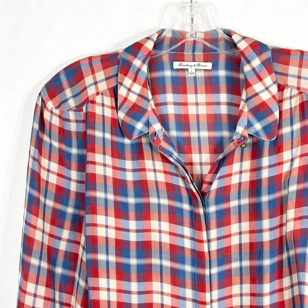 Madewell Broadway & Broome‎ Size Large Top Pemberley Blouse Silk Plaid 1236 - Image 4