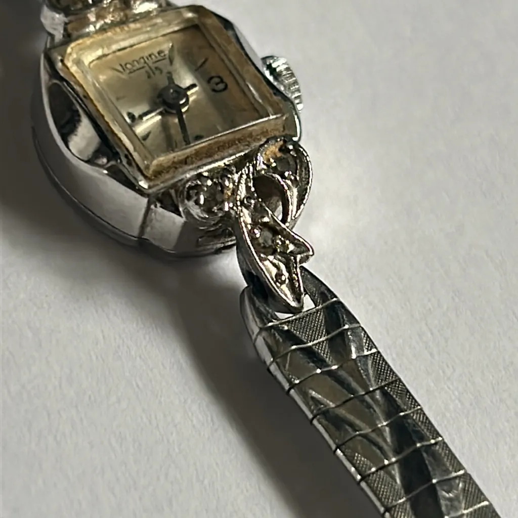 Longine‎ women’s vintage dainty 1960’s silver green crystal/stone watch (jade?) - Image 3