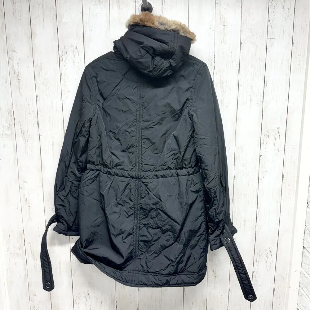 THEORY Jacket Women Size P/ Small Black Full Zip Hooded Double Pocket Black Fur - Image 4