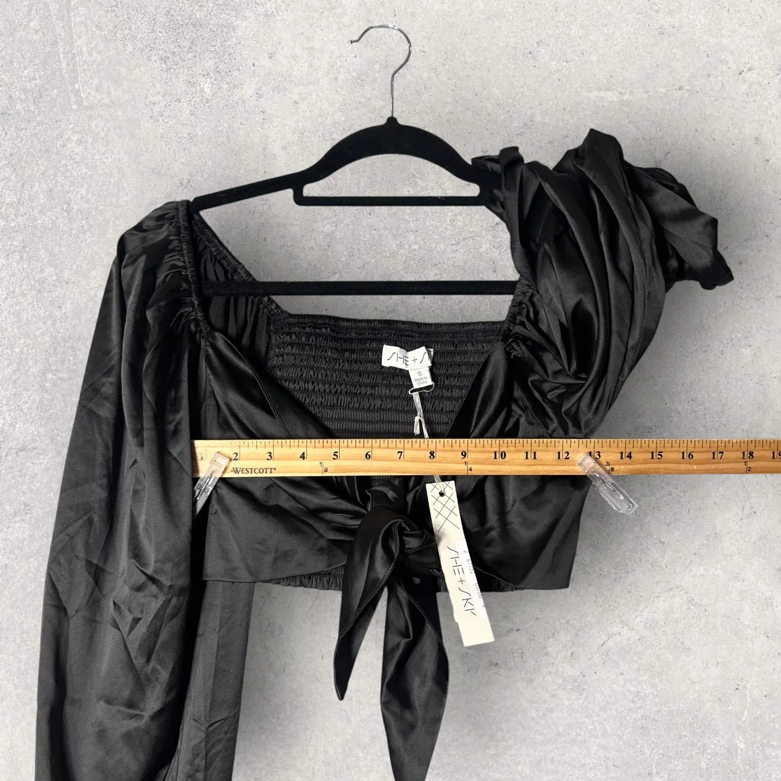 NEW She‎ + Sky Black Crop Top Tie Front Womens S Long Sleeve Blouse Dressy Party - Image 6