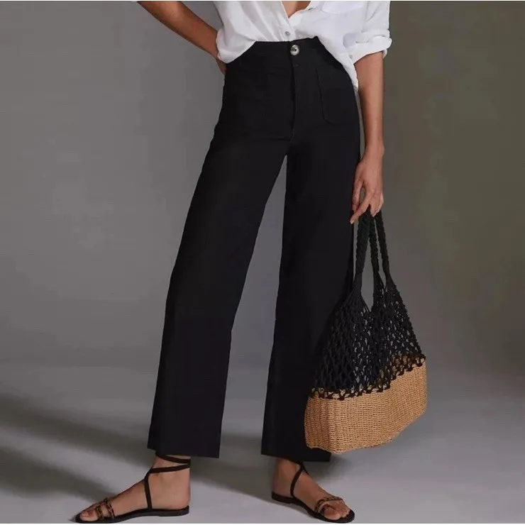 Anthropologie Maeve Colette Cropped Wide Leg Pants Linen Blend Black Size 25 - Image 12