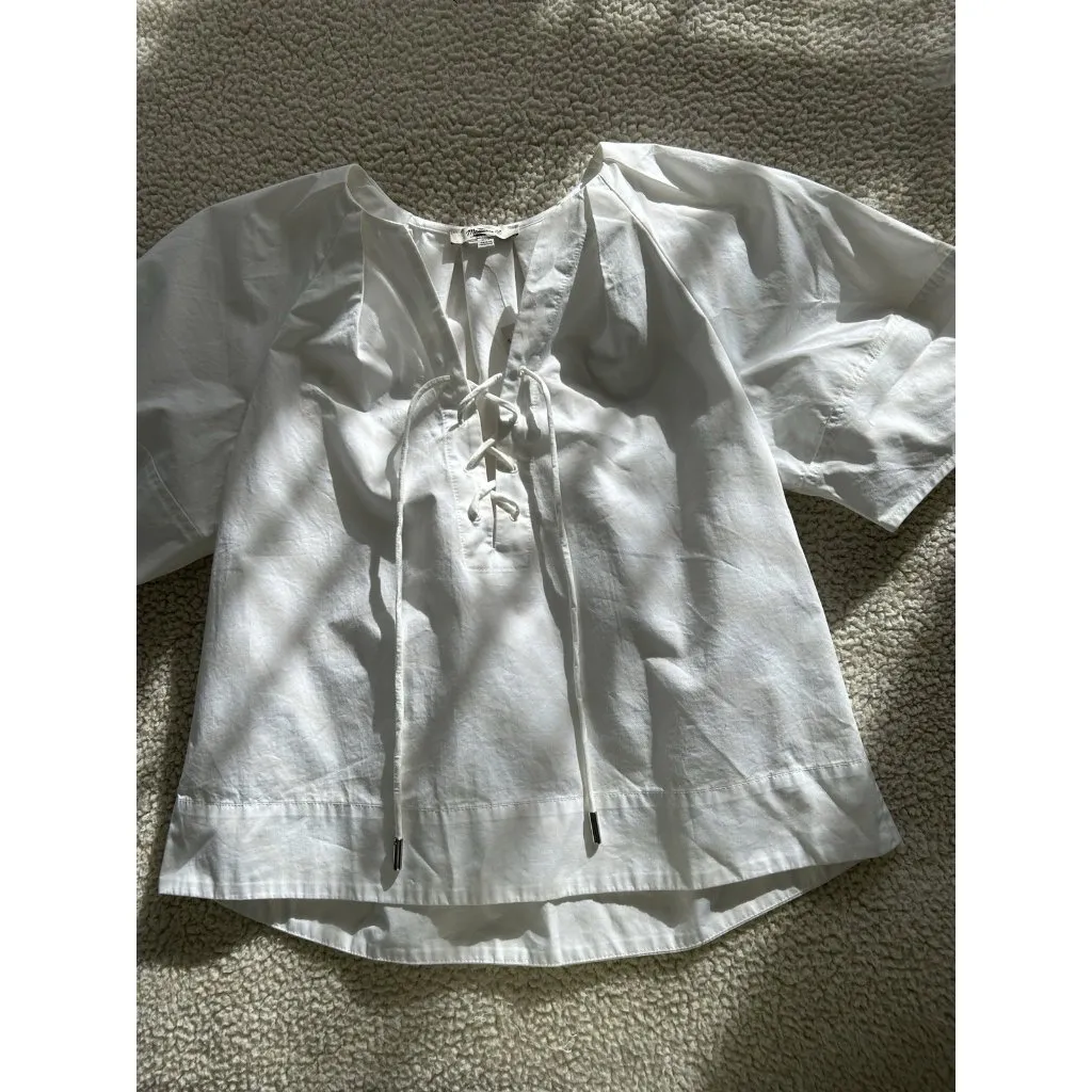 Madewell $98 Womens Short Sleeve Poplin Lace Up Top in White Size XXS #NW070 - Image 7